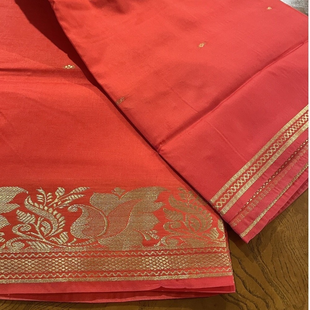 NEW Indian Womens Brocade ART/Artificial Silk Sari SAREE ORANGE w/Blouse Piece